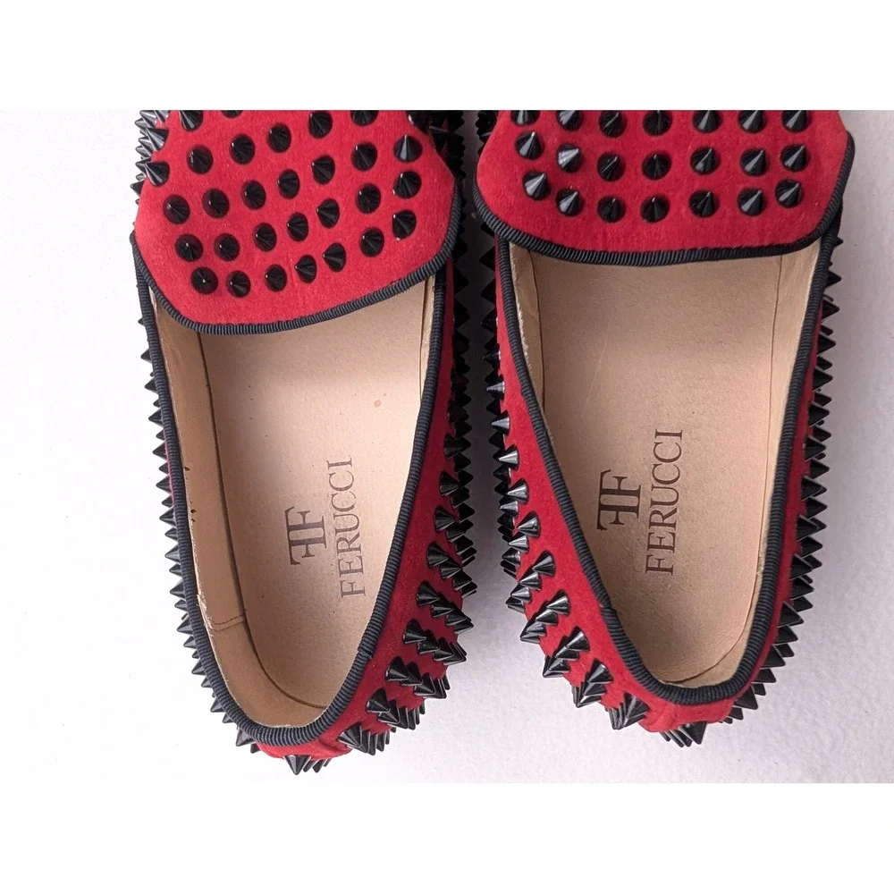 Ferucci Mens Red Suede Black Spiked Loafers Smoking Slippers SM106810-5 Size 9